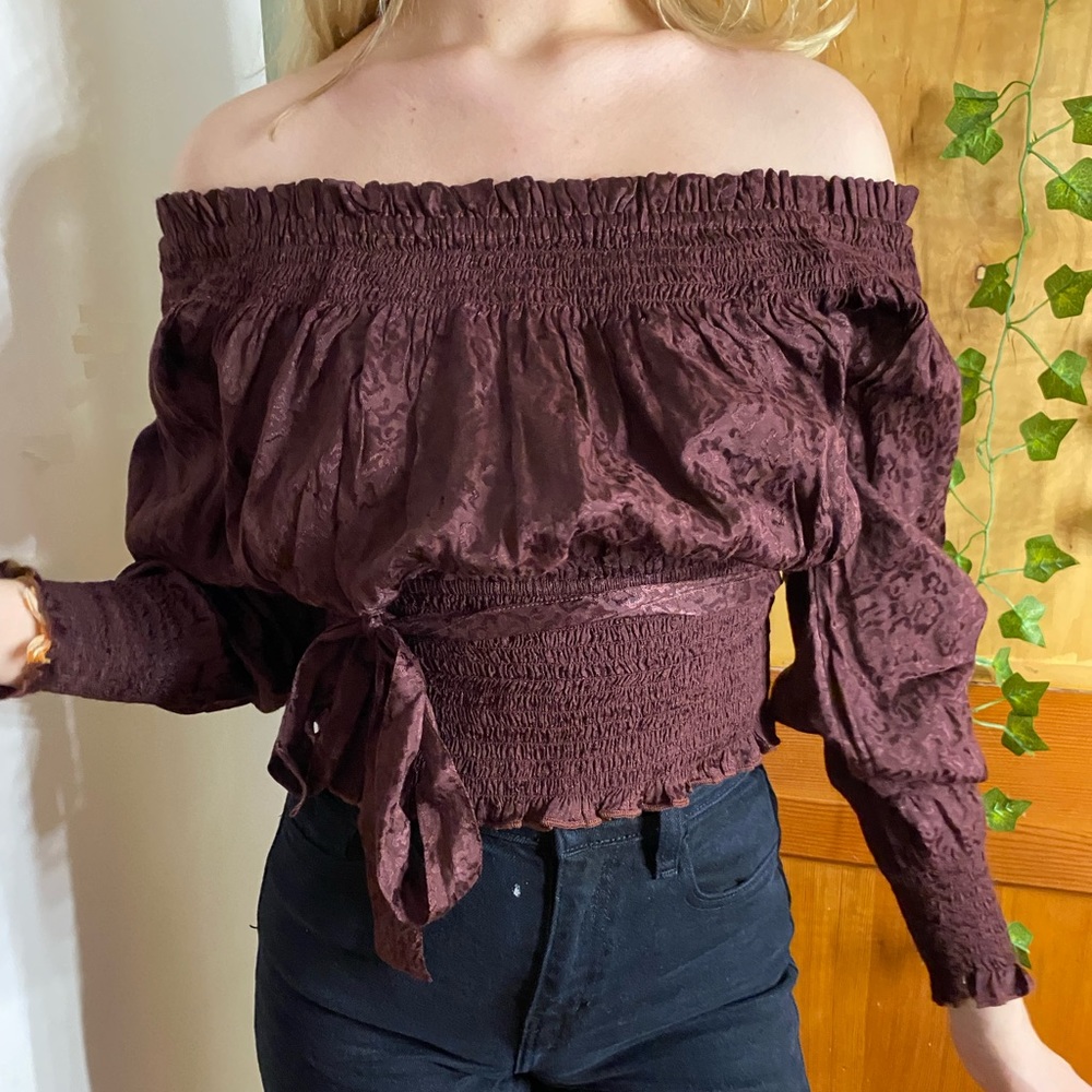 Medium burgundy blouse from Express - off the shoulder with a bow